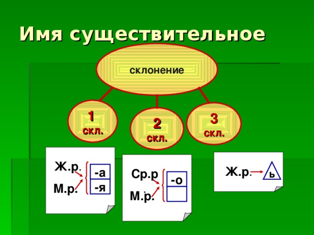 склонение 1  скл. 3 скл. 2 скл. Ж.р . Ж.р . ь Ср.р . -а -о -я М.р.  М.р.