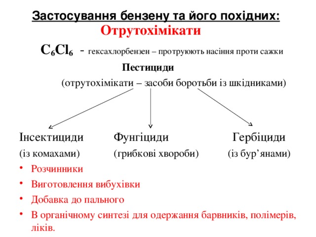 Застосування бензену та його похідних:    Отрутохімікати  С 6 Cl 6  - гексахлорбензен – протруюють насіння проти сажки  Пестициди  (отрутохімікати – засоби боротьби із шкідниками) Інсектициди Фунгіциди Гербіциди (із комахами) (грибкові хвороби) (із бур’янами)