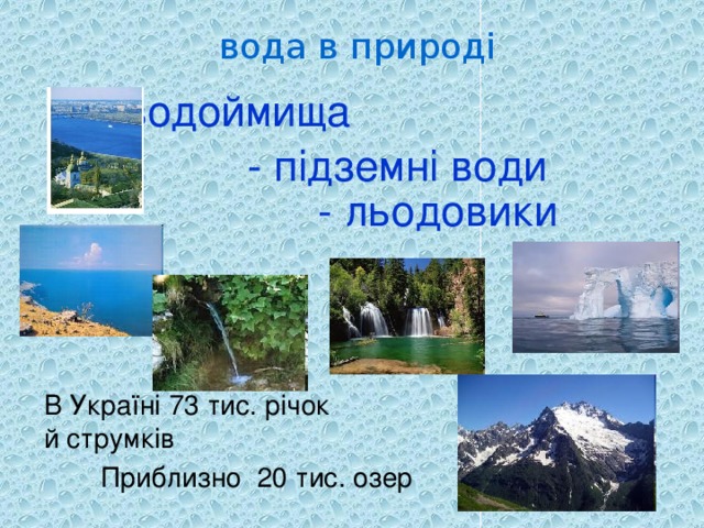 вода в природі - водоймища - підземні води - льодовики В Україні 73 тис. річок й струмків Приблизно 20 тис. озер