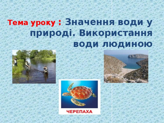 Тема уроку  :  Значення води у природі. Використання води людиною