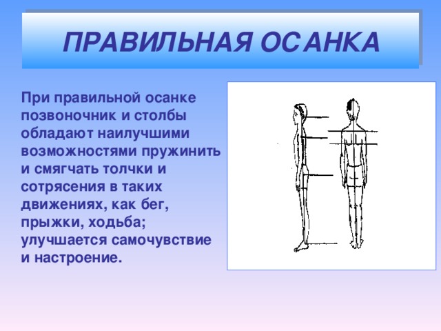 ПРАВИЛЬНАЯ ОСАНКА  При правильной осанке позвоночник и столбы обладают наилучшими возможностями пружинить и смягчать толчки и сотрясения в таких движениях, как бег, прыжки, ходьба; улучшается самочувствие и настроение.
