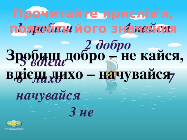 Прочитайте прислів'я, поясніть його значення 1 зробиш 4 кайся 2 добро 5 вдієш 6 лихо 7 начувайся  3 не Зробиш добро – не кайся, вдієш лихо – начувайся