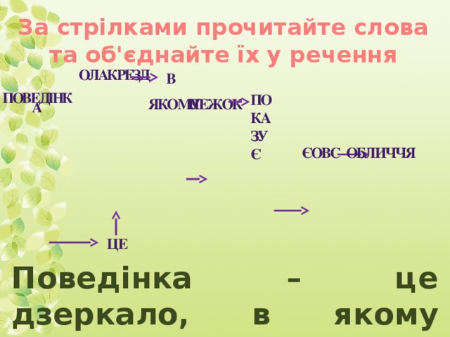 За стрілками прочитайте слова та об'єднайте їх у речення олакрезд в поведінка показує якому нежок єовс обличчя це Поведінка – це дзеркало, в якому кожен показує своє обличчя.