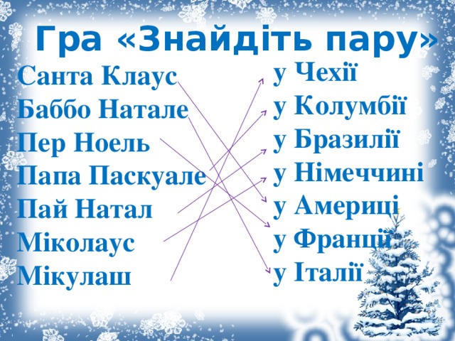 Гра «Знайдіть пару» у Чехії у Колумбії у Бразилії у Німеччині у Америці у Франції у Італії Санта Клаус Баббо Натале Пер Ноель Папа Паскуале Пай Натал Міколаус Мікулаш