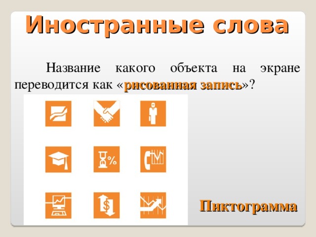 Иностранные слова  Название какого объекта на экране переводится как « рисованная запись »? Пиктограмма