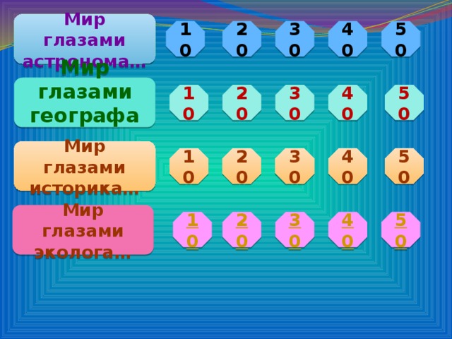 Мир глазами астронома… 20 40 30 50 10 Мир глазами географа… 10 20 30 40 50 Мир глазами историка… 10 20 40 30 50 Мир глазами эколога… 50 40 30 20 10