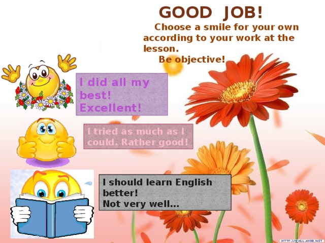 GOOD JOB!  Choose a smile for your own according to your work at the lesson.  Be objective! I did all my best! Excellent! I tried as much as I could. Rather good! I should learn English better! Not very well…