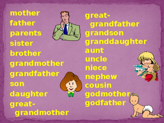 mother great- grandfather father grandson granddaughter parents sister aunt uncle brother niece grandmother grandfather nephew son cousin daughter godmother great- grandmother godfather