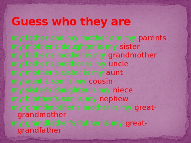 Guess who they are my father and my mother are my parents my mother’s daughter is my sister my father’s mother is my grandmother my father’s brother is my uncle my mother’s sister is my aunt my aunt’s son is my cousin my sister’s daughter is my niece my brother’s son is my nephew my grandmother’s mother is my great-grandmother my grandfather’s father is my great- grandfather
