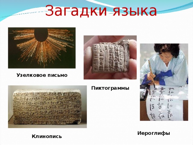Загадки языка Узелковое письмо Пиктограммы Иероглифы Клинопись