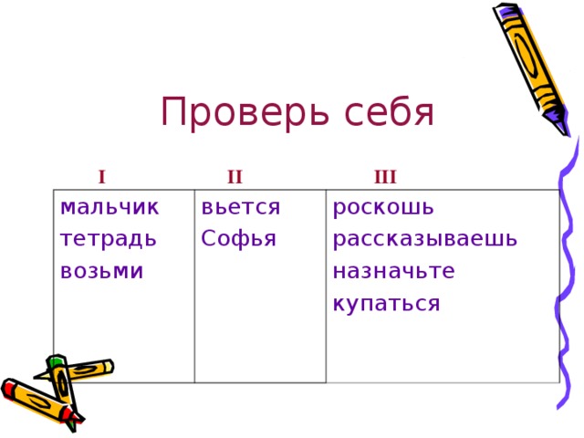 Проверь себя I II III мальчик тетрадь возьми вьется Софья роскошь рассказываешь назначьте купаться