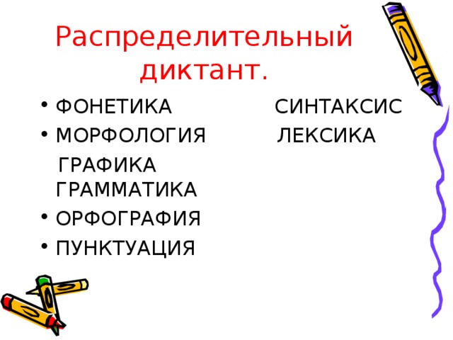 Распределительный диктант. ФОНЕТИКА СИНТАКСИС МОРФОЛОГИЯ ЛЕКСИКА  ГРАФИКА ГРАММАТИКА