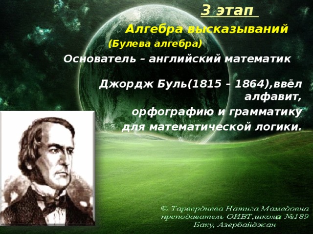 3 этап   Алгебра высказываний   (Булева алгебра)   Основатель – английский математик  Джордж Буль(1815 – 1864),ввёл алфавит,    орфографию и грамматику     для  математической логики.