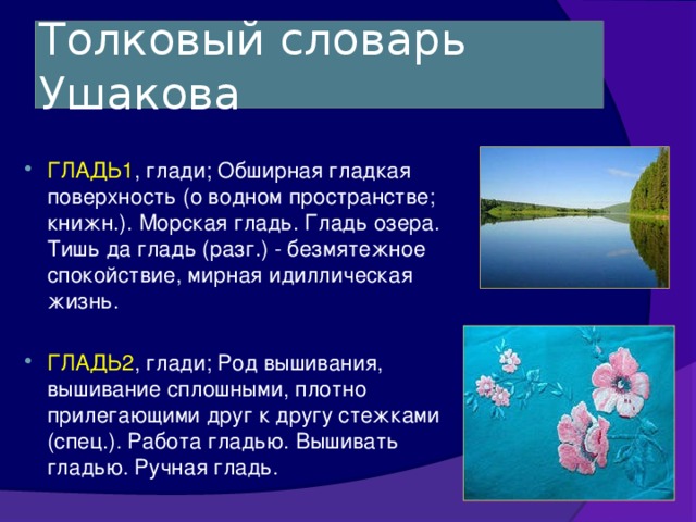 Толковый словарь Ушакова ГЛАДЬ1 , глади; Обширная гладкая поверхность (о водном пространстве; книжн.). Морская гладь. Гладь озера. Тишь да гладь (разг.) - безмятежное спокойствие, мирная идиллическая жизнь. ГЛАДЬ2 , глади; Род вышивания, вышивание сплошными, плотно прилегающими друг к другу стежками (спец.). Работа гладью. Вышивать гладью. Ручная гладь.