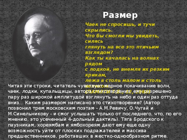 Размер  Чаек не спросишь, и тучи скрылись.  Что бы смогли мы увидеть, силясь  глянуть на все это птичьим взглядом?  Как ты качалась на волнах рядом  с лодкой, не внемля их резким крикам,  лежа в столь малом и столь великом...  (ПАМЯТИ Т.Б., 12, 1968) Читая эти строки, читатель чувствует мерное покачивание волн, чаек, лодки, купальщицы, автора стихотворения, ему разрешено пару раз широкой амплитудой взглянуть на небо и один раз оттуда вниз... Каким размером написано это стихотворение? (Автор позвонил трем московским поэтам - А.М.Ревичу, О.Чугай и М.Синельникову - и смог услышать только от последнего, что, по его мнению, это усеченный 4-дольный дактиль). Тяга Бродского к паузникам, хореямбам и ямбохореям дают ему еще одну возможность уйти от плоских подражателей и массива предшественников, работавших в жестко-однообразном ритме.