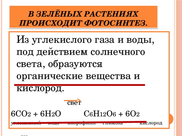 В зелёных растениях происходит фотосинтез.  Из углекислого газа и воды, под действием солнечного света, образуются органические вещества и кислород.   свет 6CO 2 + 6H 2 O C 6 H 12 O 6 + 6O 2 углекислый вода хлорофилл глюкоза кислород  газ