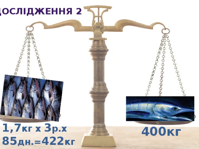 Дослідження 2 1,7 кг х 3 р.х 85 дн.= 422 кг 400кг