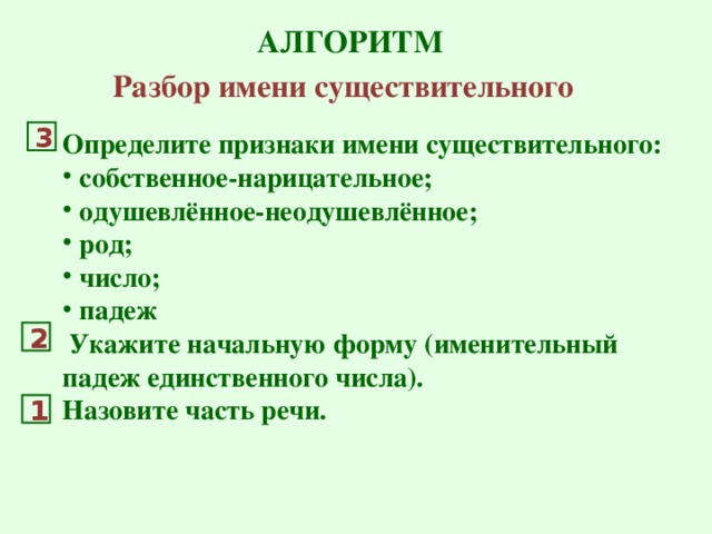 АЛГОРИТМ Разбор имени существительного Определите признаки имени существительного: 3  собственное-нарицательное;  одушевлённое-неодушевлённое;  род;  число;  падеж  Укажите начальную форму (именительный падеж единственного числа). Назовите часть речи.  2 1