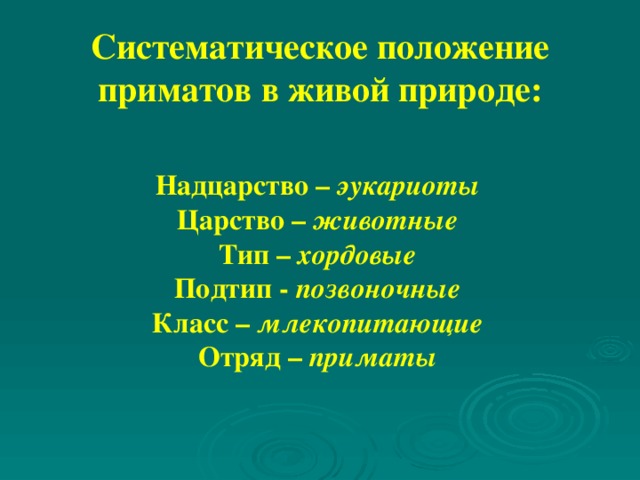 Систематическое положение приматов в живой природе: Надцарство – эукариоты  Царство – животные  Тип – хордовые  Подтип - позвоночные  Класс – млекопитающие  Отряд – приматы