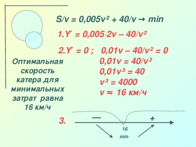 S/v = 0,005v ² + 40 / v → min Y′ = 0,005 ·2v – 40/v²  2. Y′ = 0 ;  0,01v – 40/v² = 0  0,01v = 40/v²   0,01v³ = 40  v³  = 4000  v ≈ 16 км/ч Оптимальная скорость катера для минимальных затрат  равна 16 км/ч — + 3. 16 min
