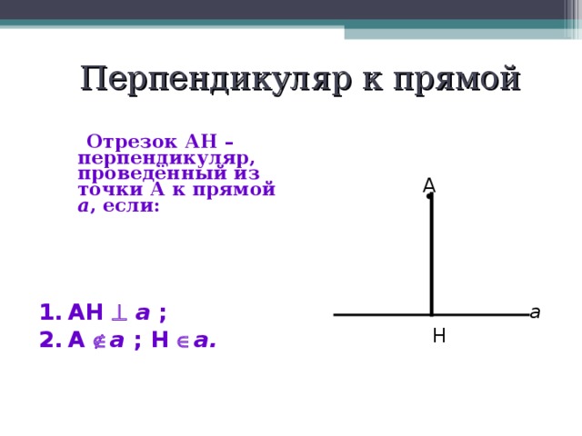 Перпендикуляр к прямой  Отрезок АН – перпендикуляр, проведённый из точки А к прямой а , если:  А АН   а ; А  а ; Н  а. а Н