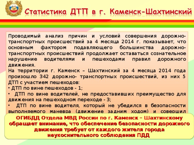 Проводимый анализ причин и условий совершения дорожно-транспортных происшествий за 4 месяца 2014 г. показывает, что основным фактором подавляющего большинства дорожно-транспортных происшествий продолжает оставаться сознательное нарушение водителями и пешеходами правил дорожного движения. На территории г. Каменск – Шахтинский за 4 месяца 2014 года произошло 342 дорожно- транспортных происшествий, из них 5 ДТП с участием пешеходов:  ДТП по вине пешеходов - 1;  ДТП по вине водителей, не предоставивших преимущество для движения на пешеходном переходе - 3;  ДТП по вине водителя, который не убедился в безопасности выполняемого маневра (движение задним ходом) и совершил наезд на пешехода – 1. ОГИБДД Отдела МВД России по г. Каменск – Шахтинскому обращает внимание, что обеспечение безопасности дорожного движения требует от каждого жителя города неукоснительного соблюдения ПДД