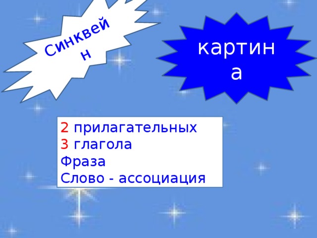 Синквейн картина 2 прилагательных 3 глагола Фраза Слово - ассоциация