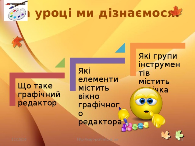 На уроці ми дізнаємося: Які групи інструментів містить стрічка Які елементи містить вікно графічного редактора Що таке графічний редактор 11/15/16 http://sayt-portfolio.at.ua 3