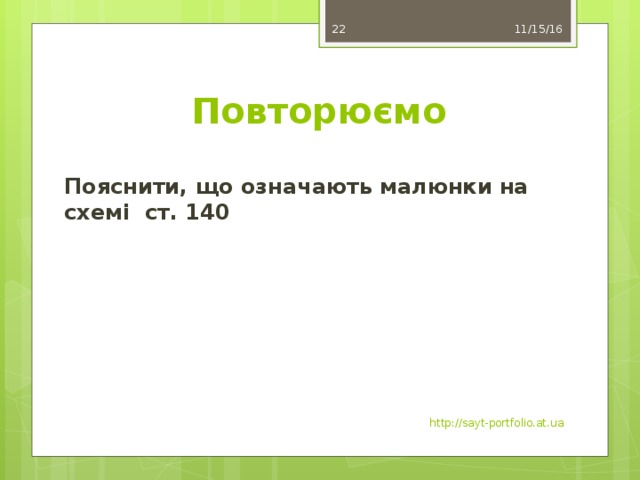 11/15/16 9 Повторюємо Пояснити, що означають малюнки на схемі ст. 140 http://sayt-portfolio.at.ua