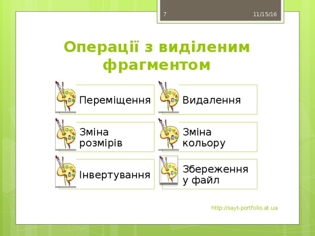 11/15/16 6 Операції з виділеним фрагментом Переміщення Видалення Зміна розмірів Зміна кольору Інвертування Збереження у файл http://sayt-portfolio.at.ua