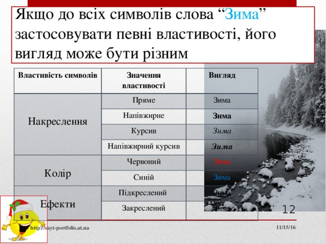 Якщо до всіх символів слова “ Зима ” застосовувати певні властивості, його вигляд може бути різним Властивість символів Значення властивості Пряме Вигляд Напівжирне Накреслення Зима Зима Курсив Напівжирний курсив Зима Червоний Зима Колір Синій Зима Зима Ефекти Підкреслений Закреслений Зима Зима  11/15/16 http://sayt-portfolio.at.ua