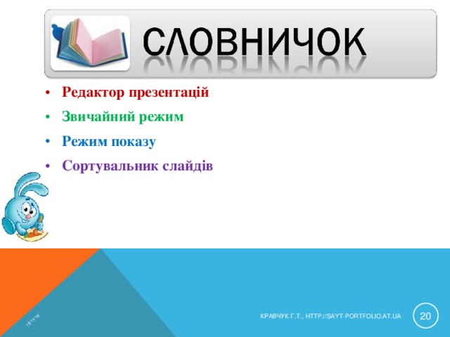 15/11/16 Редактор презентацій Звичайний режим Режим показу Сортувальник слайдів  КРАВЧУК Г.Т., HTTP://SAYT-PORTFOLIO.AT.UA