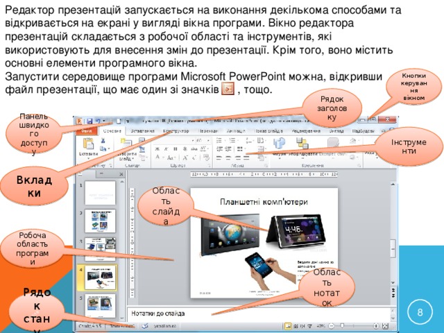 Редактор презентацій запускається на виконання декількома способами та відкривається на екрані у вигляді вікна програми. Вікно редактора презентацій складається з робочої області та інструментів, які використовують для внесення змін до презентації. Крім того, воно містить основні елементи програмного вікна. Запустити середовище програми Microsoft PowerPoint можна, відкривши файл презентації, що має один зі значків , тощо. 15/11/16 Кнопки керування вікном Рядок заголовку Панель швидкого доступу Інструменти Вкладки Область слайда Робоча область програми Область нотаток Рядок стану  КРАВЧУК Г.Т., HTTP://SAYT-PORTFOLIO.AT.UA