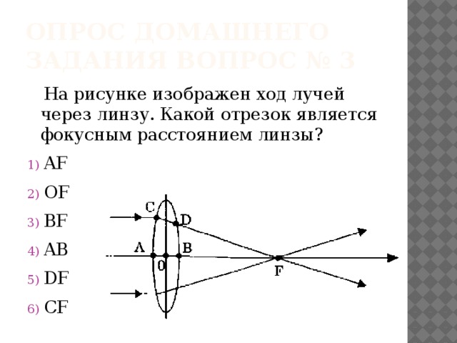 Опрос домашнего задания вопрос № 3  На рисунке изображен ход лучей через линзу. Какой отрезок является фокусным расстоянием линзы?