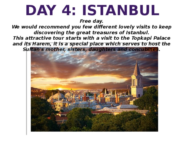 DAY 4: ISTANBUL Free day. We would recommend you few different lovely visits to keep discovering the great treasures of Istanbul. This attractive tour starts with a visit to the Topkapi Palace and its Harem, it is a special place which serves to host the Sultan's mother, sisters, daughters and concubines.