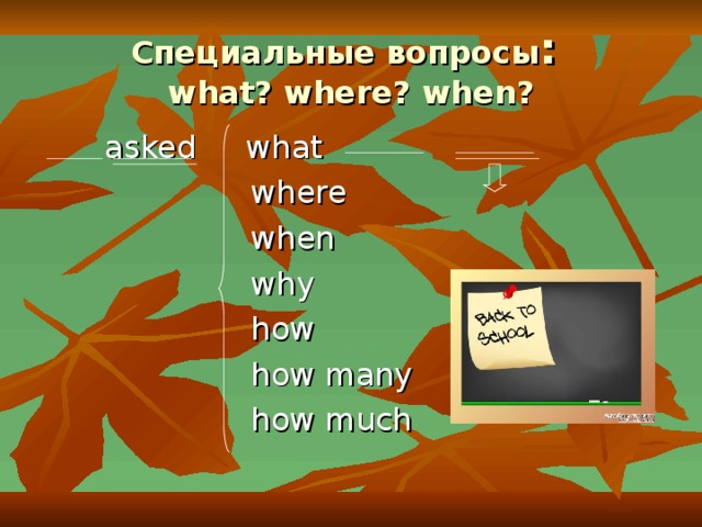 Специальные вопросы :   what ? where ? when ?  asked  what  where  when  why  how  how many  how much