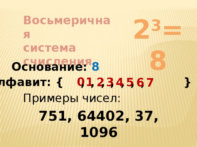 2 3 =8 Восьмеричная система счисления Основание: 8 Алфавит: { } , , , , , , , 0 1 2 3 5 4 6 7 6 Примеры чисел: 751, 64402, 37, 1096