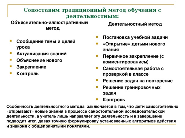 Сопоставим традиционный метод обучения с деятельностным: Объяснительно-иллюстративный метод  Сообщение темы и целей урока Актуализация знаний Объяснение нового Закрепление Контроль Деятельностный метод  Постановка учебной задачи «Открытие» детьми нового знания Первичное закрепление (с комментированием) Самостоятельная работа с проверкой в классе Решение задач на повторение Решение тренировочных задач Контроль Особенность деятельностного метода заключается в том, что дети самостоятельно «открывают» новые знания в процессе самостоятельной исследовательской деятельности, а учитель лишь направляет эту деятельность и в завершение подводит итог, давая точную формулировку установленных алгоритмов действия и знакомя с общепринятыми понятиями.