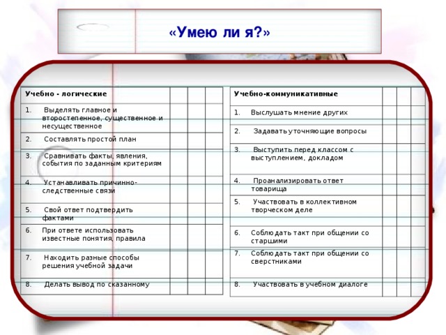 «Умею ли я?» Учебно - логические  Учебно-коммуникативные