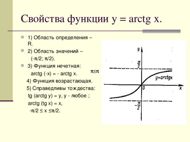 Свойства функции y = arctg x. 1) Область определения – R. 2) Область значений –  (-π/2; π/2). 3) Функция нечетная:  arctg (-x) = - arctg x.  4) Функция возрастающая.  5) Справедливы тождества:  tg (arctg y) = y , y - любое  ;  arctg (tg x) = x,  - π /2 ≤ x ≤π/2.