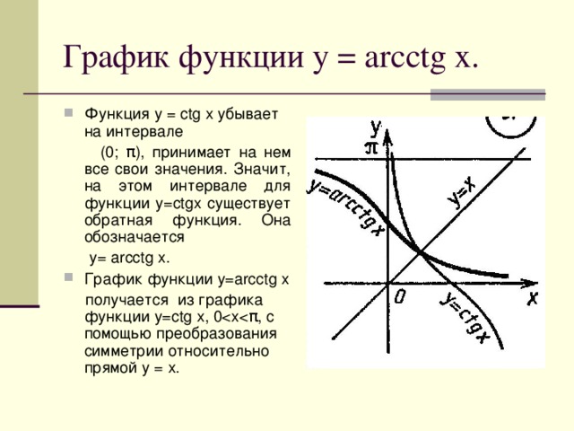 График функции y = arcctg x. Функция y = ctg x убывает на интервале  (0; π), принимает на нем все свои значения. Значит, на этом интервале для функции y=ctgx существует обратная функция. Она обозначается  y= arcctg x. График функции y=arcctg x  получается из графика функции y=ctg x, 0<x< π, с помощью преобразования симметрии относительно прямой у = х.