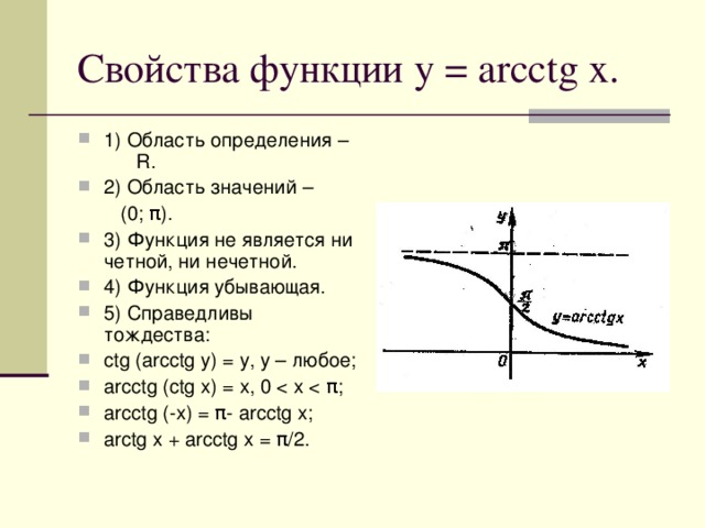 Свойства функции y = arcctg x. 1) Область определения – R. 2) Область значений –  (0; π).