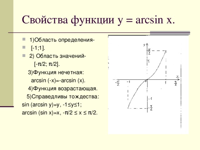Свойства функции y = arcsin x . 1)Область определения-  [-1;1]. 2 ) Область значений-  [- π /2; π /2].  3)Функция нечетная:  arcsin (-x)=-arcsin (x).  4) Функция возрастающая.  5)Справедливы тождества: sin (arcsin y)=y, -1 ≤ y ≤ 1; arcsin (sin x)=x, -π/2 ≤ x ≤ π/2.