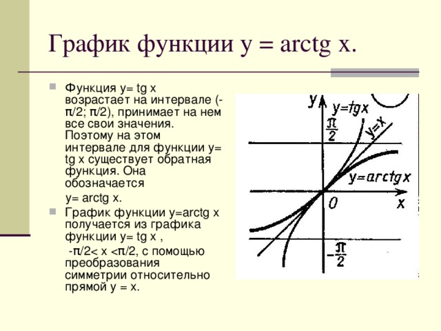 График функции y = arctg x. Функция y= tg x возрастает на интервале (-π/2; π/2), принимает на нем все свои значения. Поэтому на этом интервале для функции y= tg x существует обратная функция. Она обозначается  y= arctg x. График функции y=arctg x получается из графика функции y= tg x ,   - π /2< x < π /2, с помощью преобразования симметрии относительно прямой у = х.