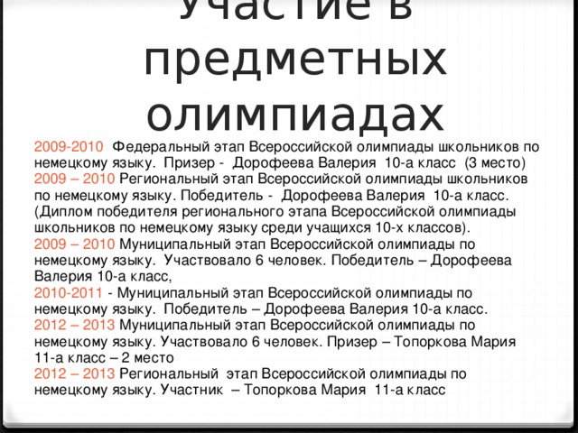 Участие в предметных олимпиадах 2009-2010 Федеральный этап Всероссийской олимпиады школьников по немецкому языку. Призер - Дорофеева Валерия 10-а класс (3 место) 2009 – 2010 Региональный этап Всероссийской олимпиады школьников по немецкому языку. Победитель - Дорофеева Валерия 10-а класс. (Диплом победителя регионального этапа Всероссийской олимпиады школьников по немецкому языку среди учащихся 10-х классов). 2009 – 2010 Муниципальный этап Всероссийской олимпиады по немецкому языку. Участвовало 6 человек. Победитель – Дорофеева Валерия 10-а класс, 2010-2011 - Муниципальный этап Всероссийской олимпиады по немецкому языку. Победитель – Дорофеева Валерия 10-а класс. 2012 – 2013 Муниципальный этап Всероссийской олимпиады по немецкому языку. Участвовало 6 человек. Призер – Топоркова Мария 11-а класс – 2 место 2012 – 2013 Региональный этап Всероссийской олимпиады по немецкому языку. Участник – Топоркова Мария 11-а класс