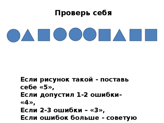 Проверь себя Если рисунок такой - поставь себе «5», Если допустил 1-2 ошибки- «4», Если 2-3 ошибки – «3», Если ошибок больше - советую повторить материал!