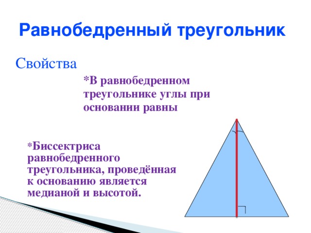 Равнобедренный треугольник Свойства *В равнобедренном треугольнике углы при основании равны * Биссектриса равнобедренного треугольника, проведённая к основанию является медианой и высотой.