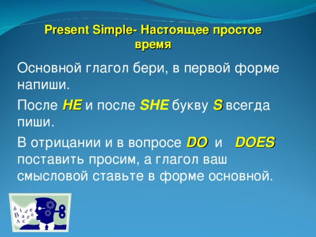 Present Simple- Настоящее простое время Основной глагол бери, в первой форме напиши. После HE и после SHE букву S всегда пиши. В отрицании и в вопросе DO и DOES  поставить просим, а глагол ваш смысловой ставьте в форме основной.