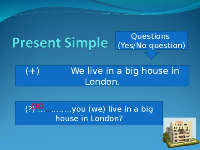 Questions (Yes/No question) (+) We live in a big house in London. DO (?) … … ……..you (we) live in a big house in London?