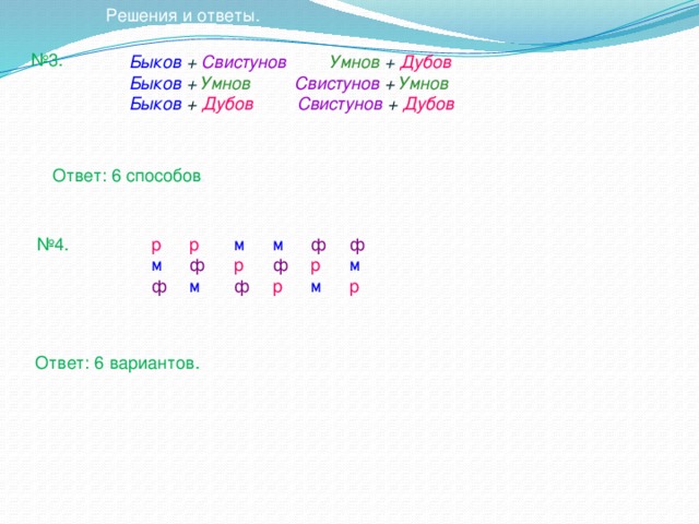 Решения и ответы. № 3. Быков +  Свистунов  Умнов  +  Дубов Быков  +  Умнов  Свистунов  +  Умнов Быков  +  Дубов  Свистунов  + Дубов Ответ: 6 способов . ф ф м м р р № 4. ф р м ф р м м ф ф р м р Ответ: 6 вариантов.